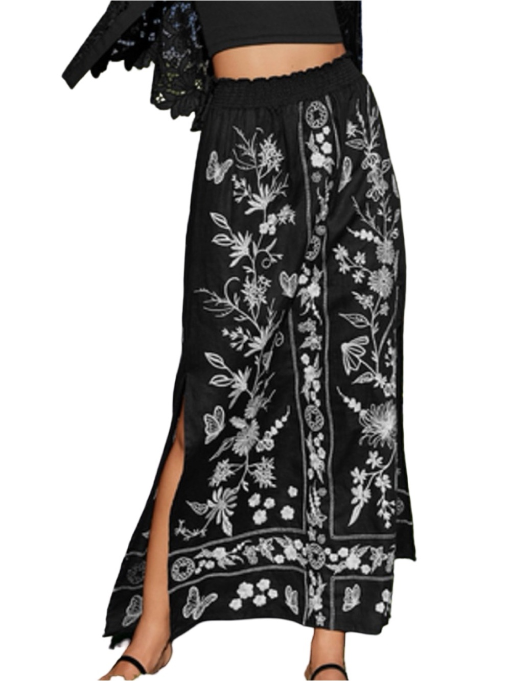 Johnny Was Women’s Size S Black White Embroidered Domingo High Slit Linen Skirt